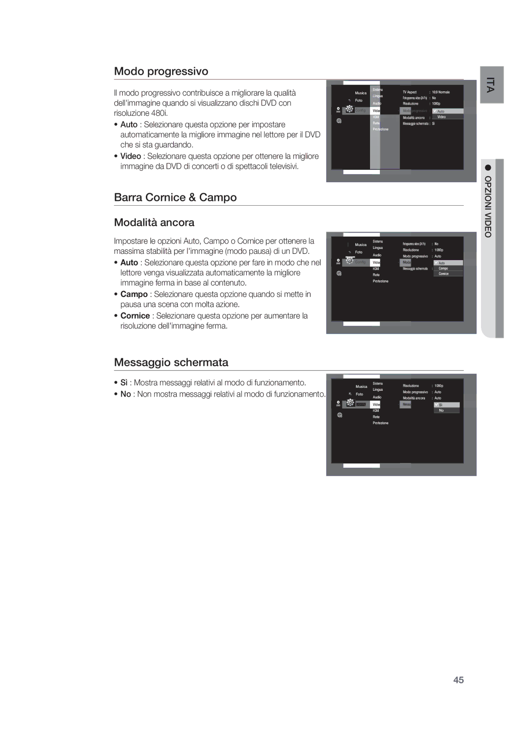 Samsung HT-BD1255R/XET, HT-BD1250R/XET manual Modo progressivo, Barra Cornice & Campo, Messaggio schermata 