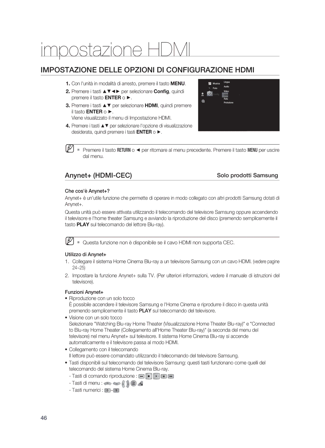 Samsung HT-BD1250R/XET manual Impostazione Hdmi, Impostazione Delle Opzioni DI Configurazione Hdmi, Anynet+ HDMI-CEC 