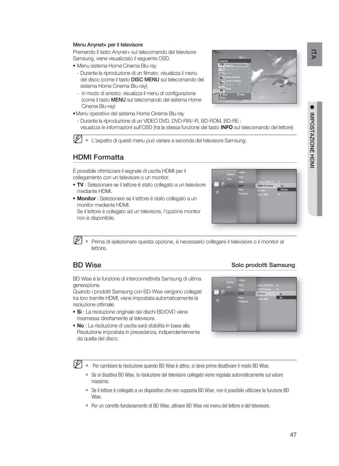 Samsung HT-BD1255R/XET, HT-BD1250R/XET manual Hdmi Formatta, BD Wise, Impostazione Hdmi 