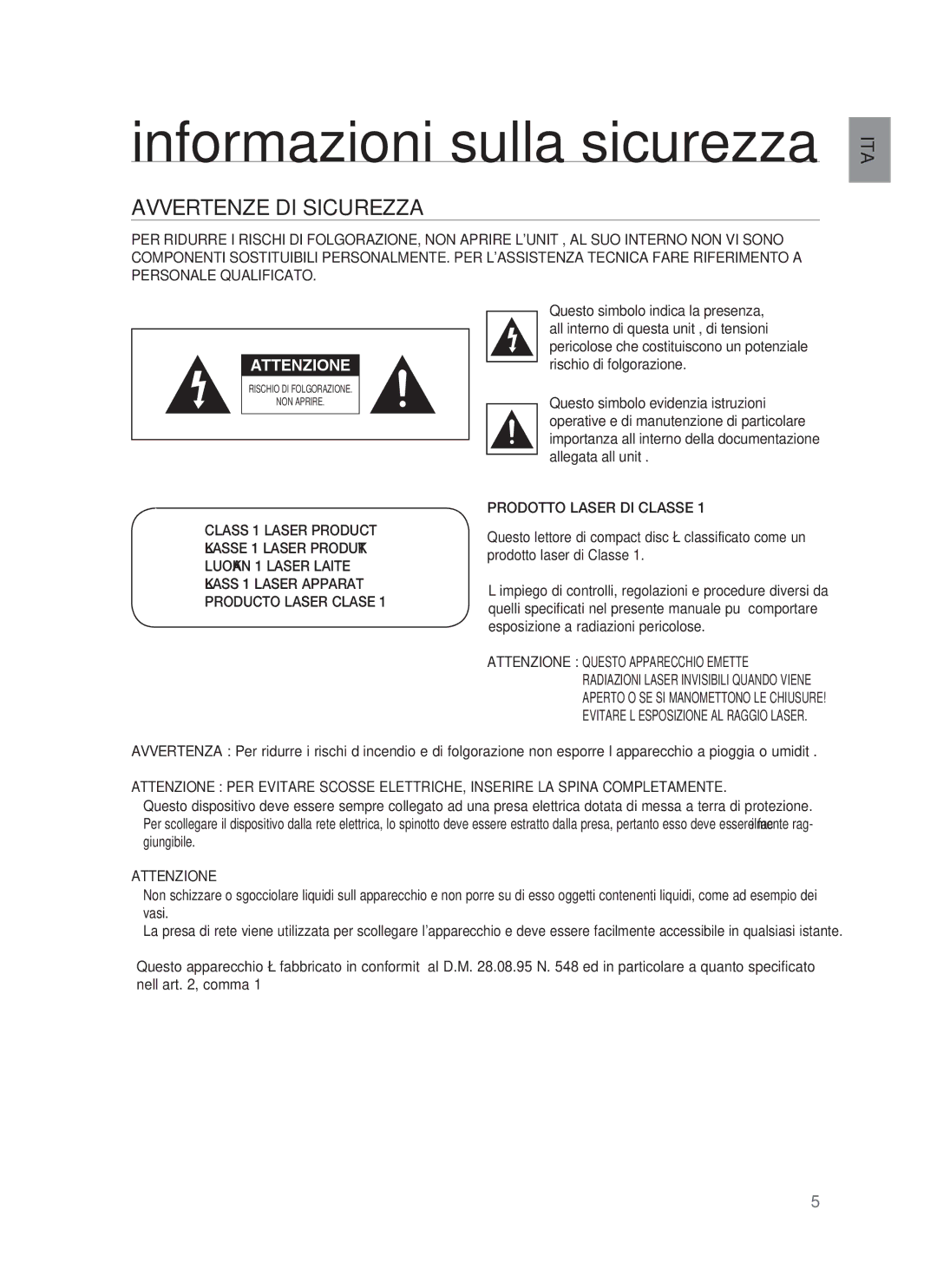 Samsung HT-BD1255R/XET, HT-BD1250R/XET manual Informazioni sulla sicurezza, Avvertenze DI Sicurezza, Attenzione 