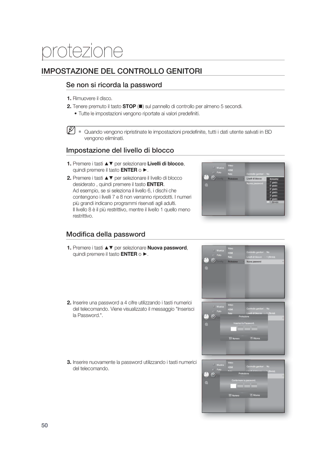 Samsung HT-BD1250R/XET manual Se non si ricorda la password, Impostazione del livello di blocco, Modiﬁca della password 