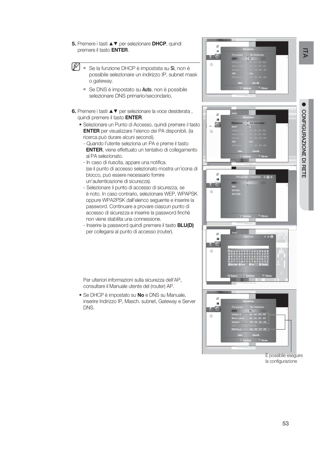 Samsung HT-BD1255R/XET manual  Se la funzione Dhcp è impostata su Sì, non è, Gateway, Selezionare DNS primario/secondario 