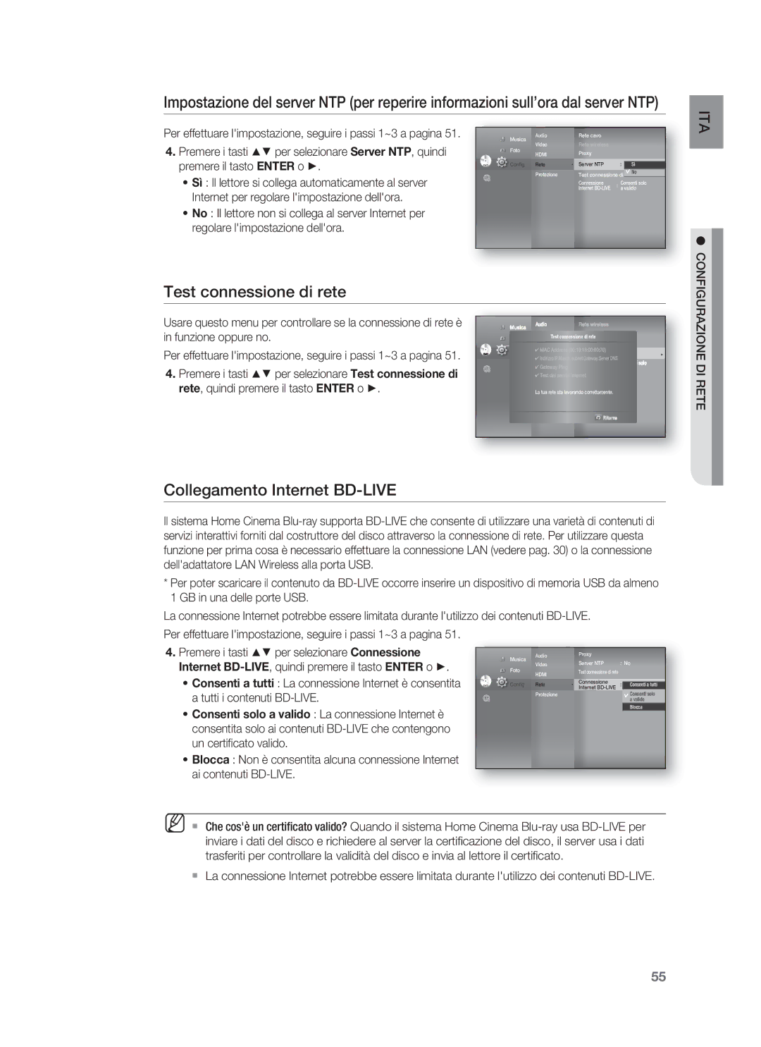 Samsung HT-BD1255R/XET, HT-BD1250R/XET manual Test connessione di rete, Collegamento Internet BD-LIVE 