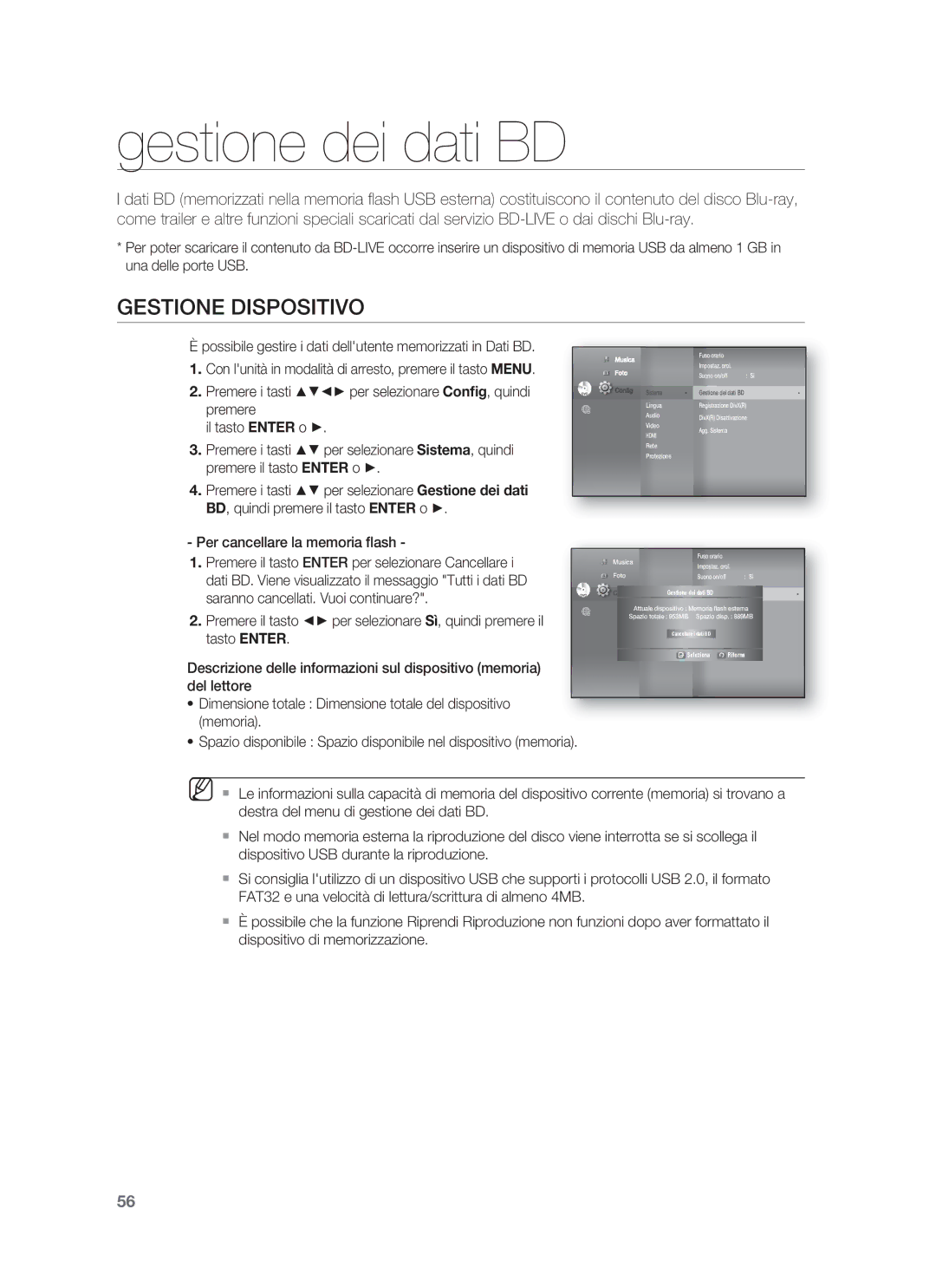 Samsung HT-BD1250R/XET, HT-BD1255R/XET manual Gestione dei dati BD, Gestione Dispositivo, Per cancellare la memoria ﬂash 