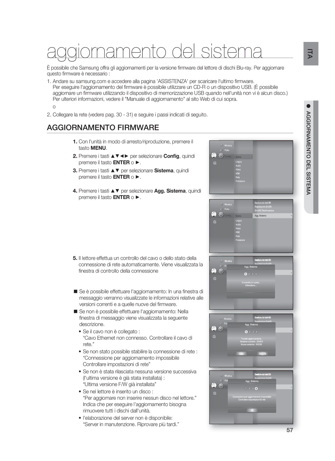 Samsung HT-BD1255R/XET, HT-BD1250R/XET manual Aggiornamento del sistema, Aggiornamento Firmware 