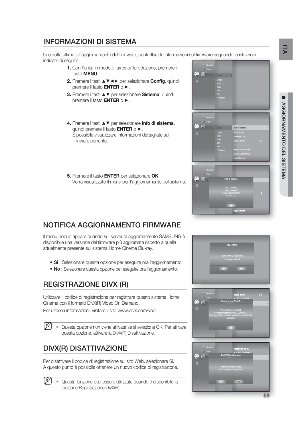 Samsung HT-BD1255R/XET, HT-BD1250R/XET manual Informazioni DI Sistema, Notifica Aggiornamento Firmware, Registrazione Divx R 