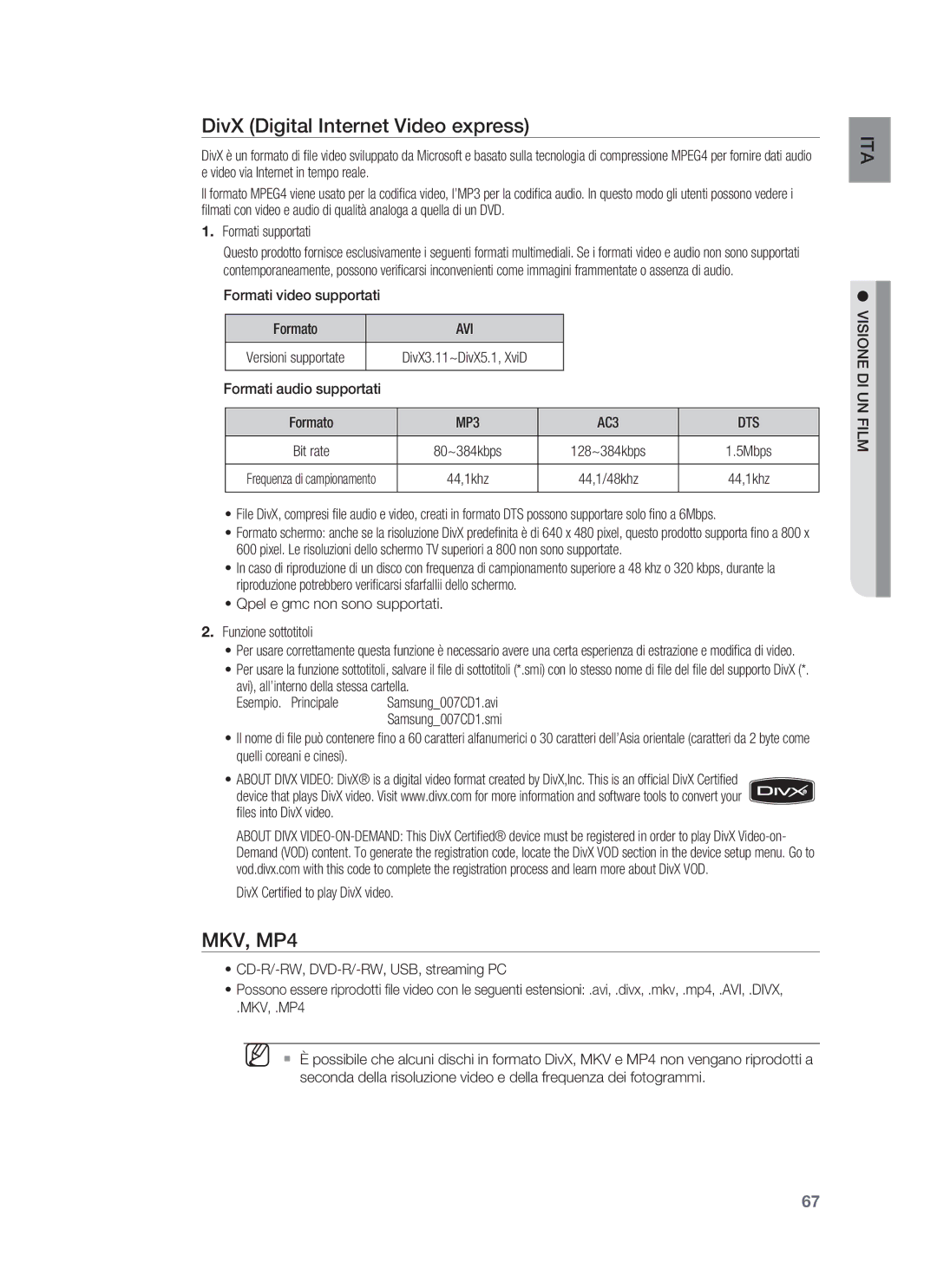 Samsung HT-BD1255R/XET, HT-BD1250R/XET manual DivX Digital Internet Video express, Avi, Dts 