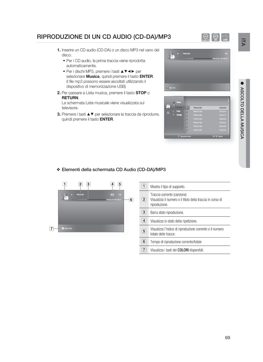 Samsung HT-BD1255R/XET, HT-BD1250R/XET Riproduzione DI UN CD Audio CD-DA/MP3, Elementi della schermata CD Audio CD-DA/MP3 