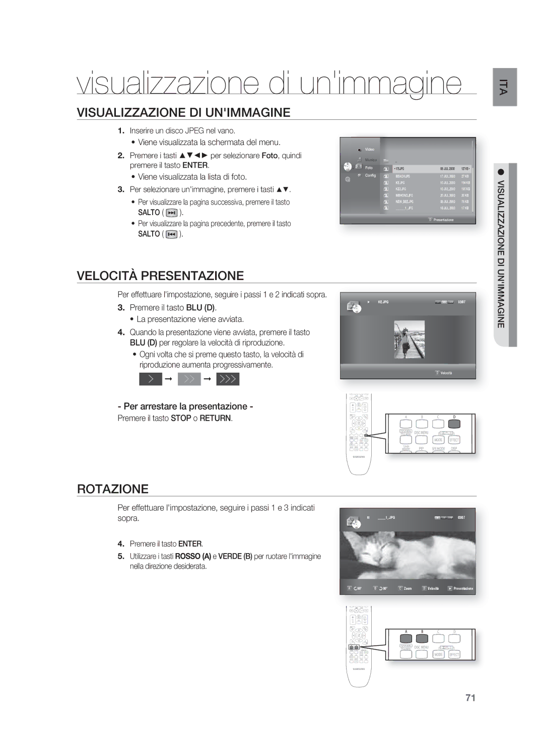 Samsung HT-BD1255R/XET Visualizzazione DI Unimmagine, Velocità Presentazione, Rotazione, Per arrestare la presentazione 