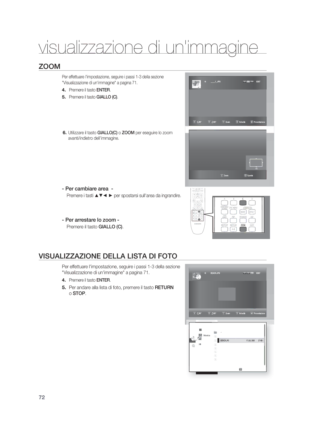 Samsung HT-BD1250R/XET manual Visualizzazione di unimmagine, Zoom, Visualizzazione Della Lista DI Foto, Per cambiare area 