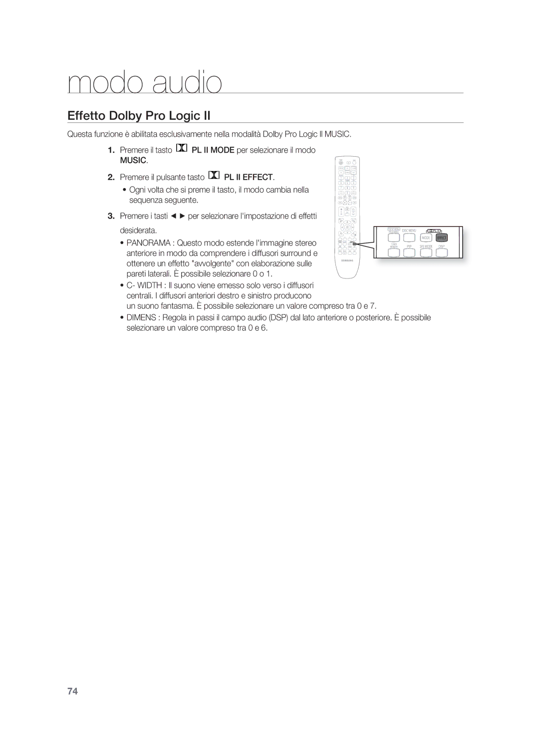 Samsung HT-BD1250R/XET, HT-BD1255R/XET manual Effetto Dolby Pro Logic, Music 