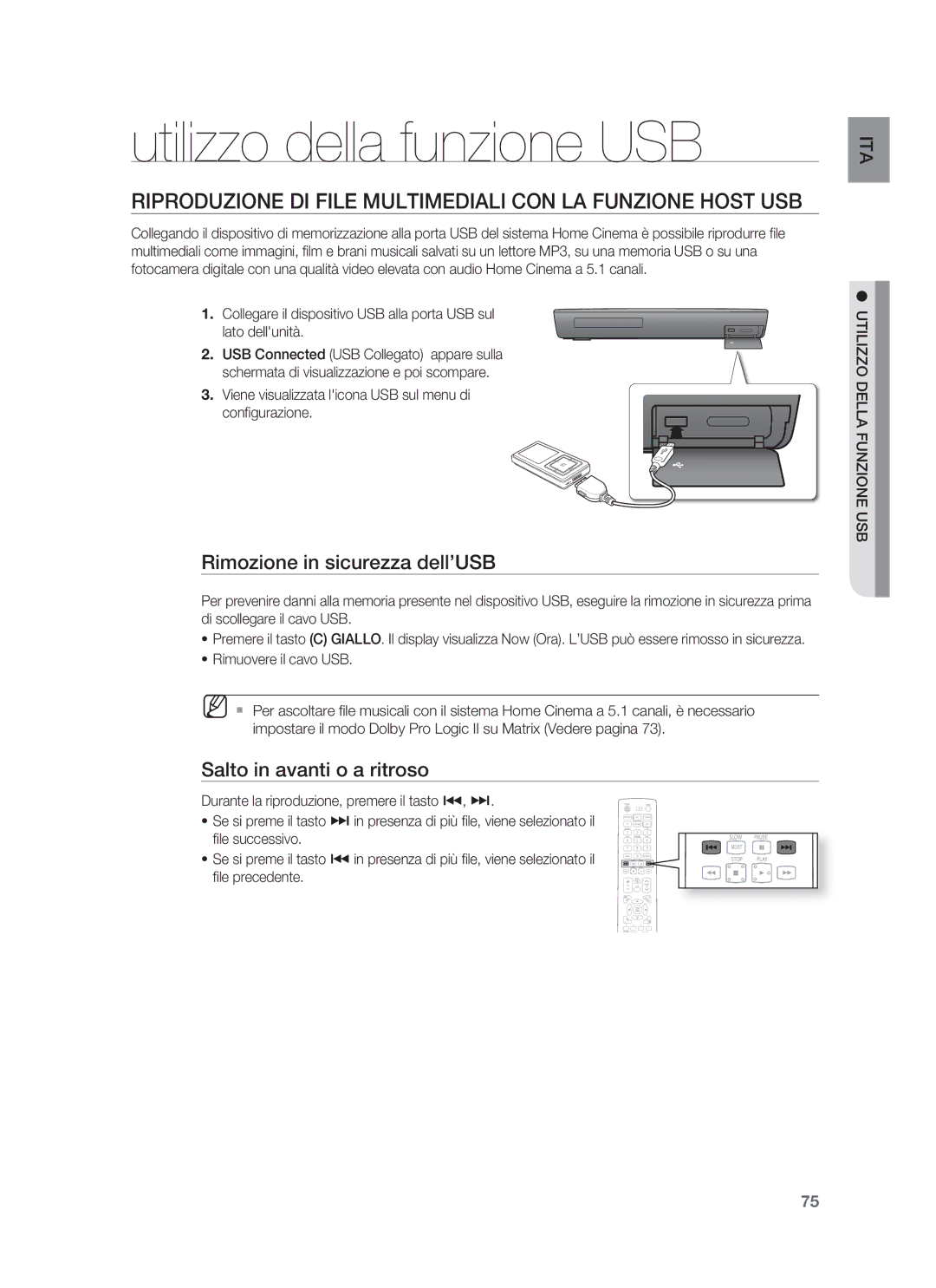 Samsung HT-BD1255R/XET manual Utilizzo della funzione USB, Riproduzione DI File Multimediali CON LA Funzione Host USB 