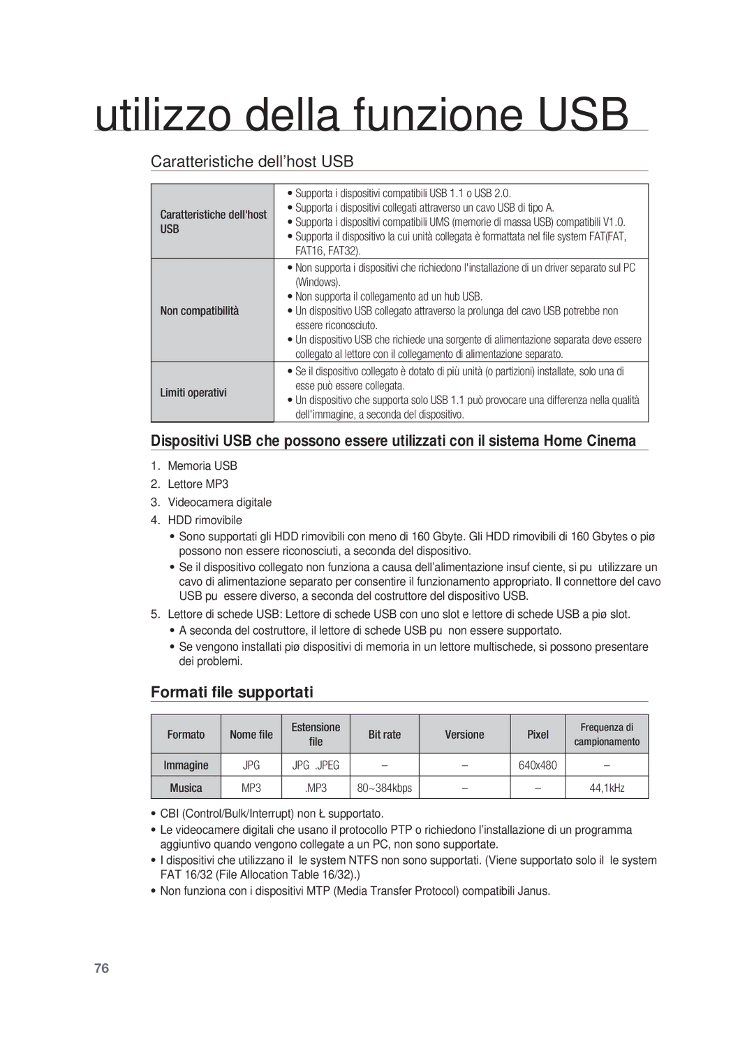 Samsung HT-BD1250R/XET, HT-BD1255R/XET manual Caratteristiche dellhost USB, Formati ﬁle supportati, Usb 