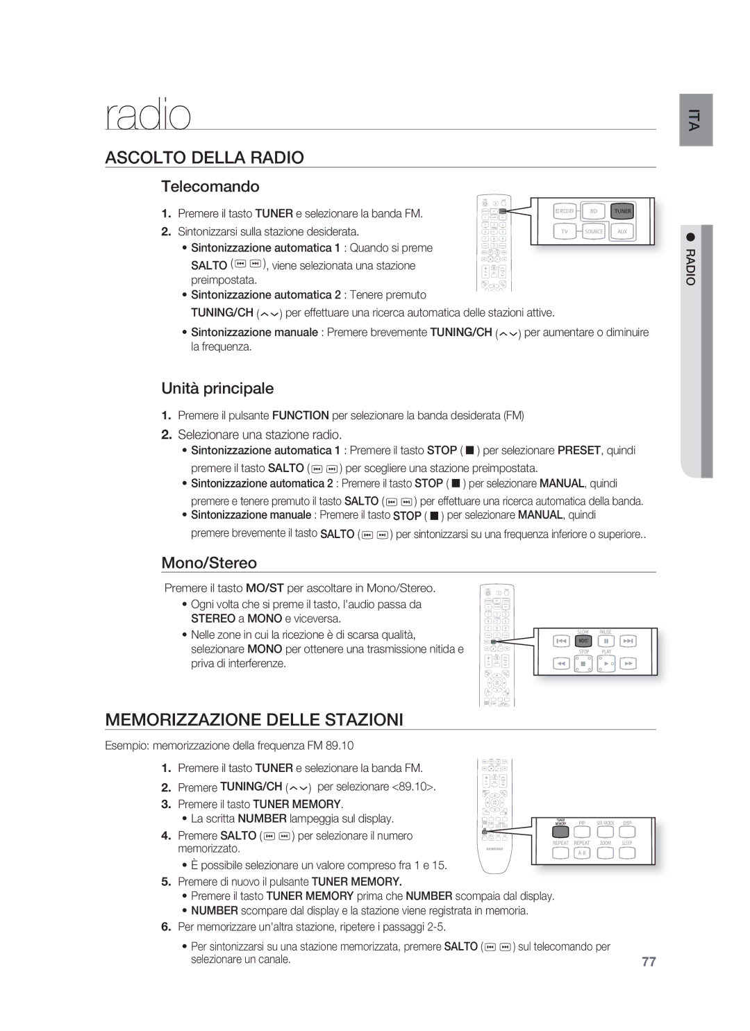 Samsung HT-BD1255R/XET, HT-BD1250R/XET manual Ascolto Della Radio, Memorizzazione Delle Stazioni 