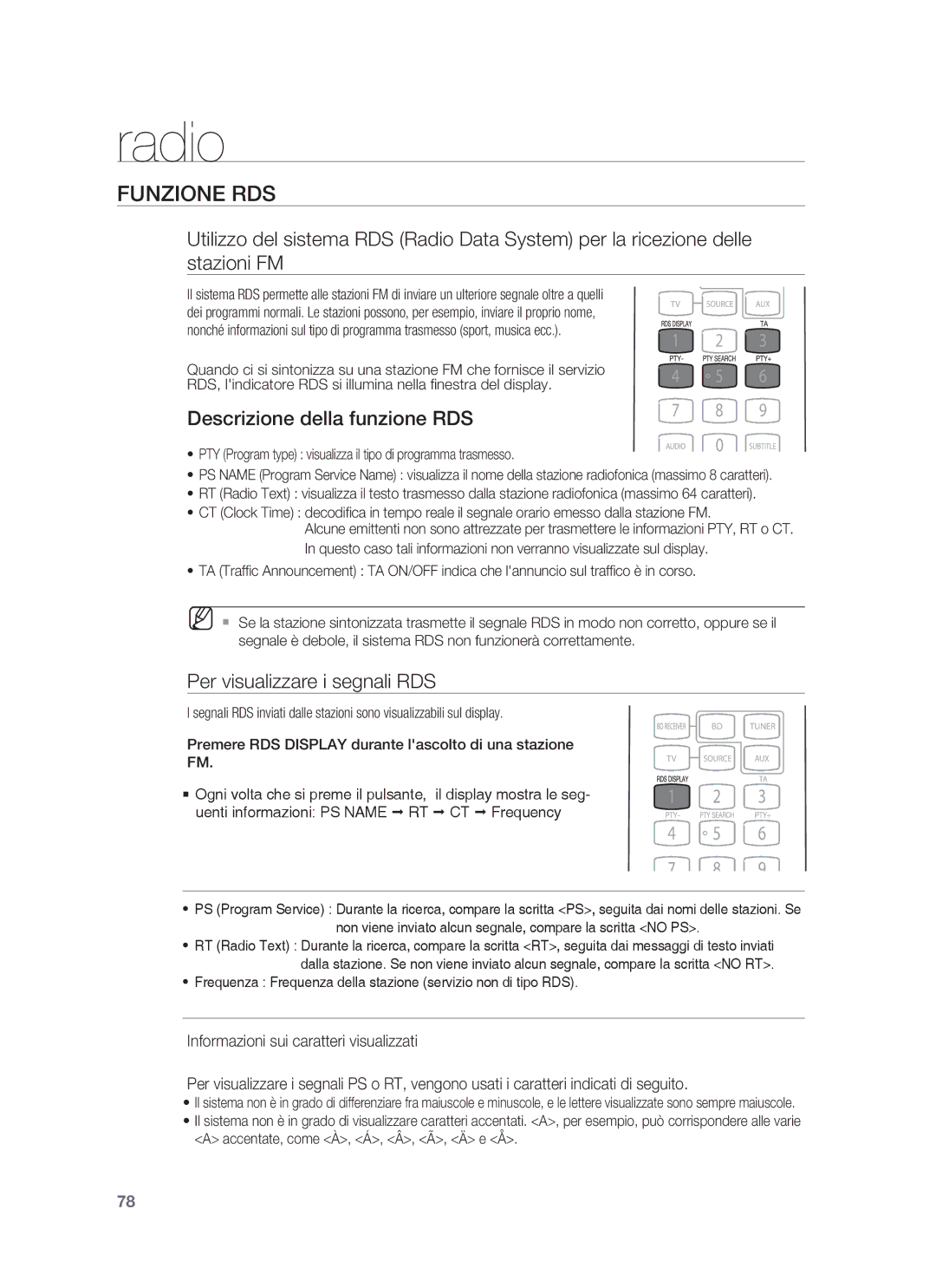 Samsung HT-BD1250R/XET, HT-BD1255R/XET manual Funzione RDS, Descrizione della funzione RDS, Per visualizzare i segnali RDS 