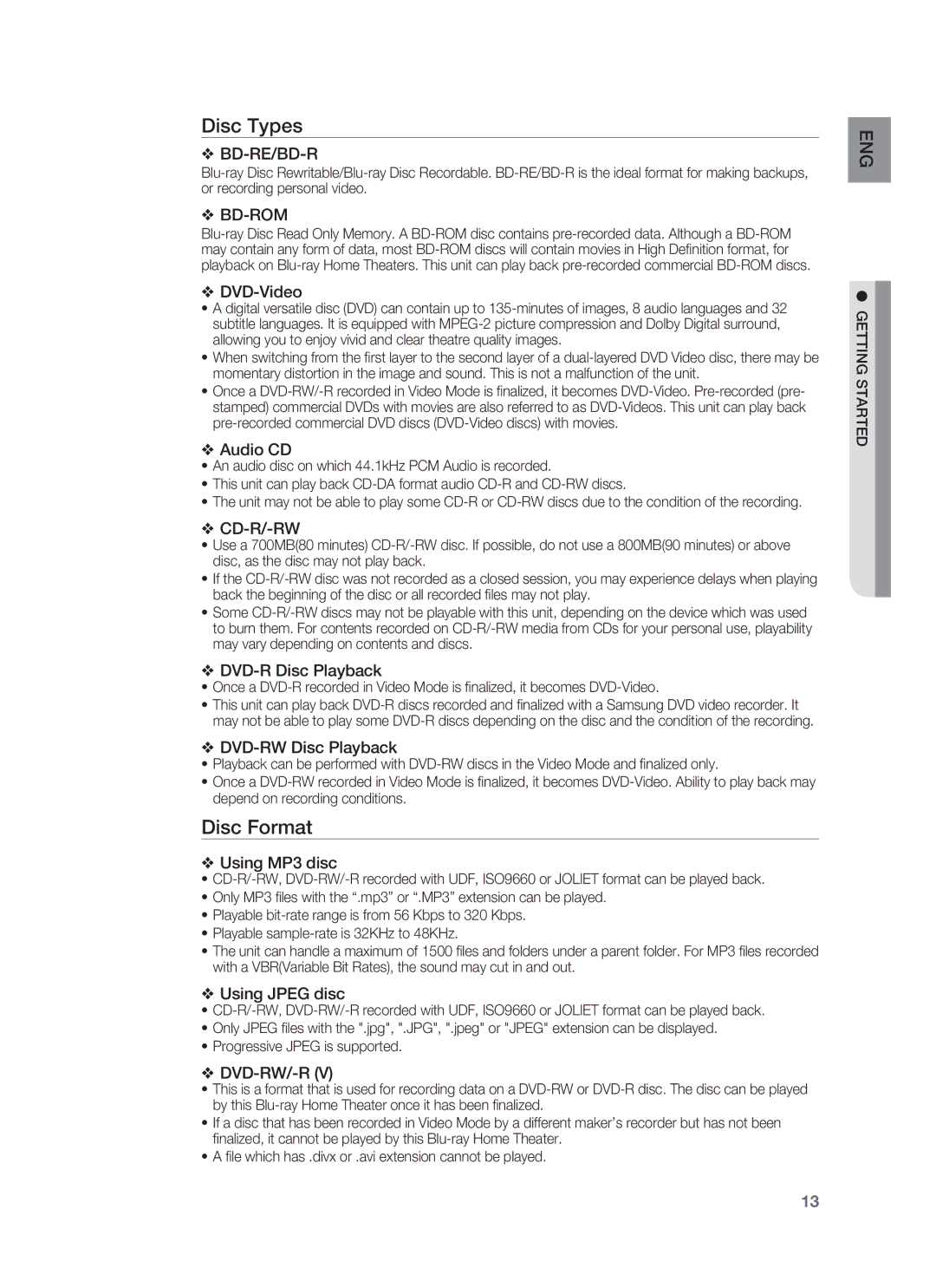 Samsung HT-BD1252, HT-BD1255 user manual Disc Types, Disc Format 