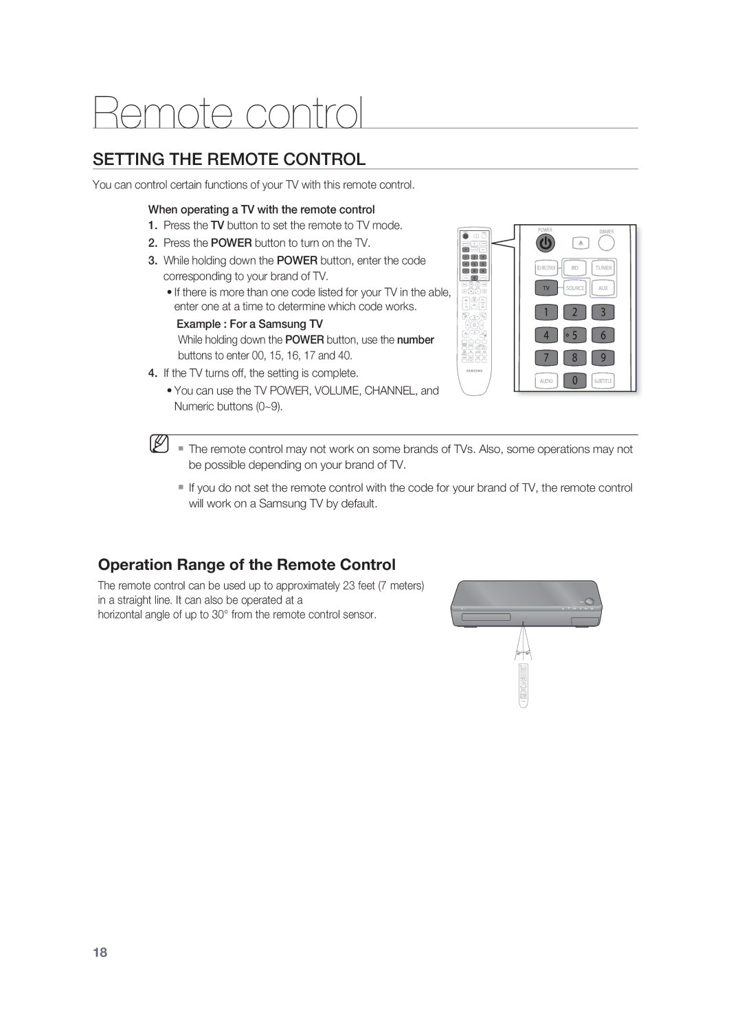 Samsung HT-BD1255, HT-BD1252 user manual Setting the Remote Control, Operation Range of the Remote Control 