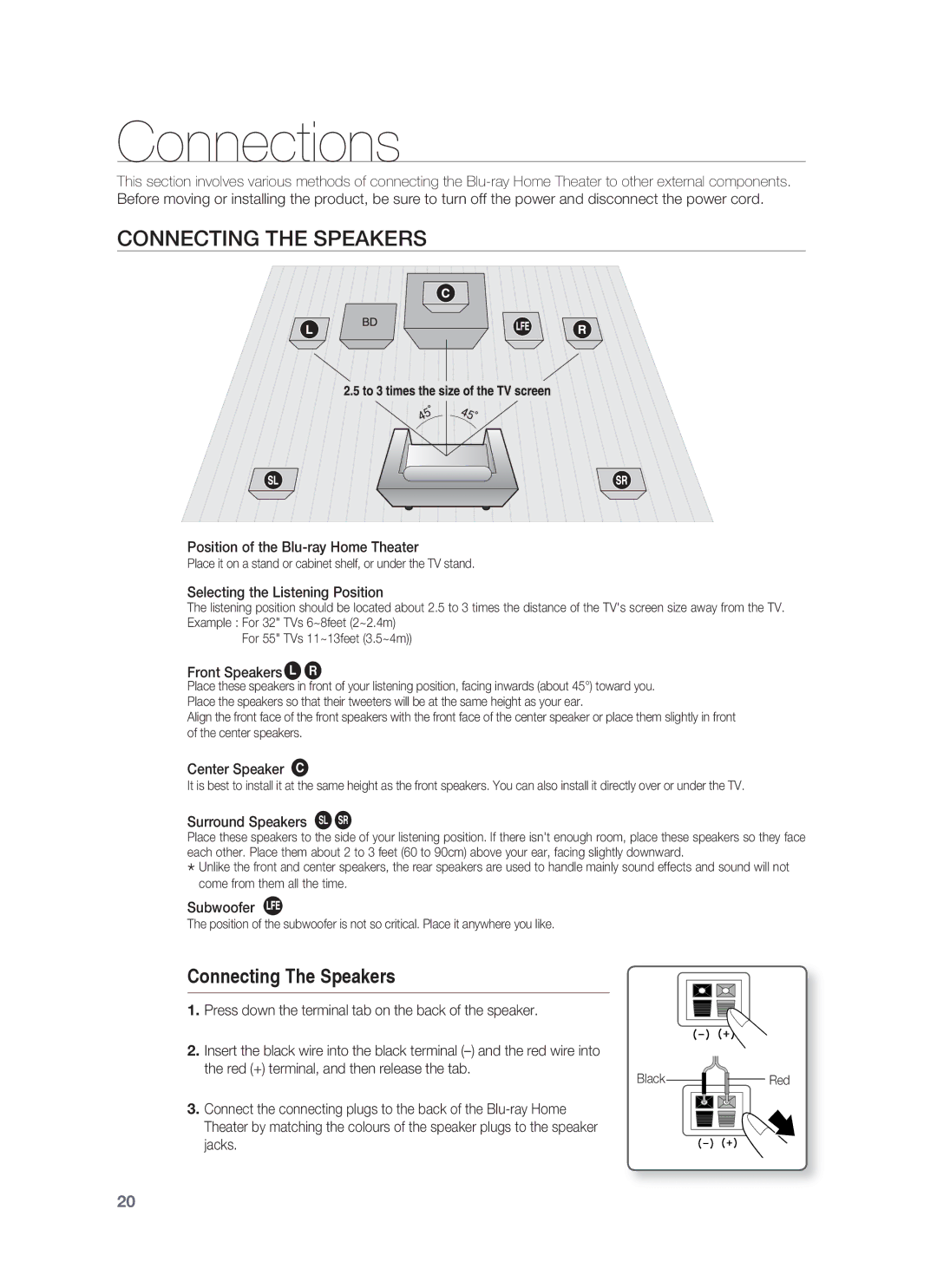 Samsung HT-BD1255, HT-BD1252 user manual Connections, Connecting the Speakers 