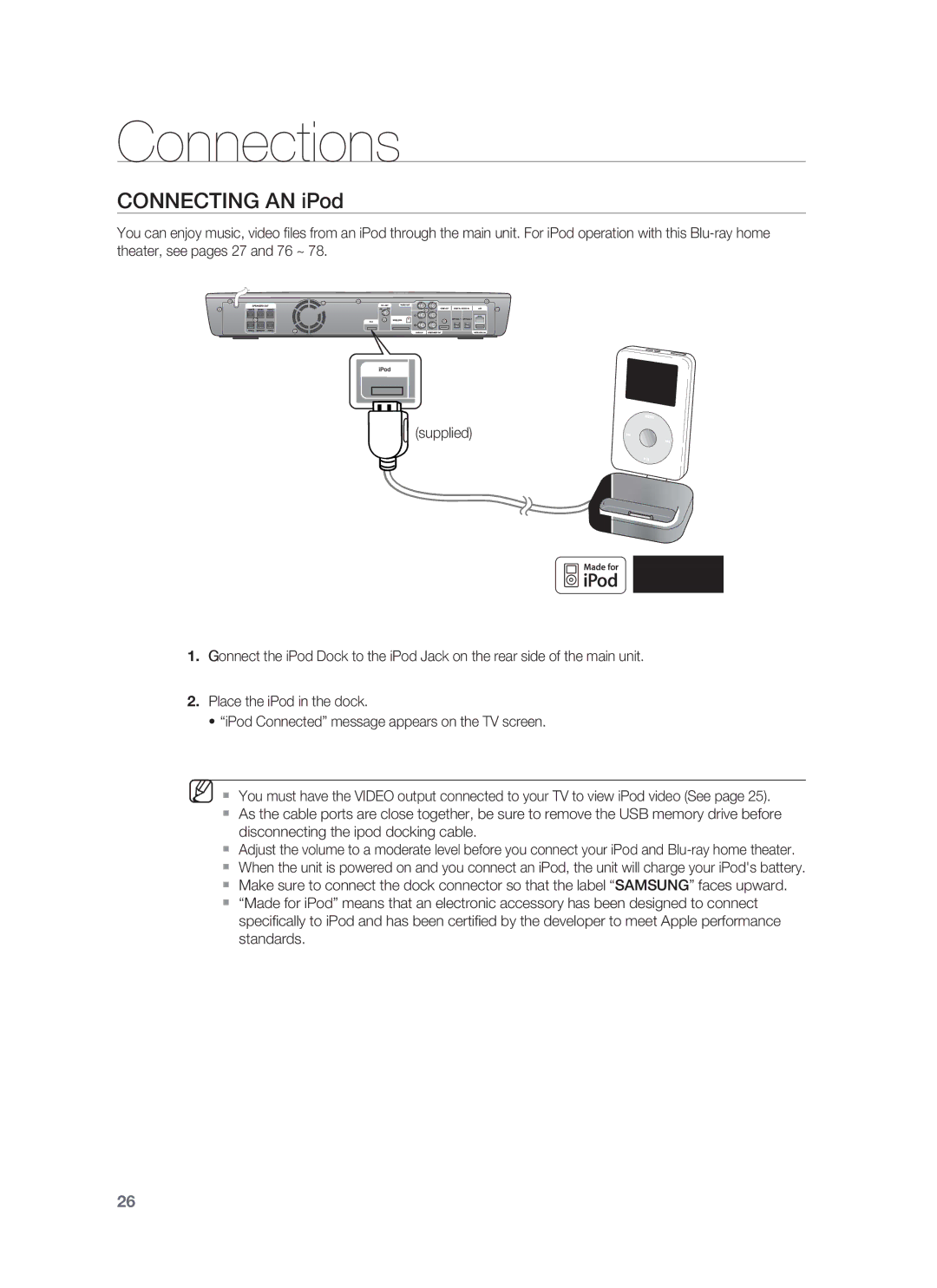 Samsung HT-BD1255, HT-BD1252 user manual Connecting AN iPod 