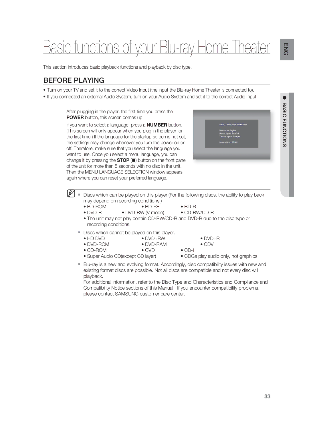 Samsung HT-BD1252, HT-BD1255 user manual Before Playing, Basic Functions, Hd Dvd Dvd+Rw Dvd-Rom Dvd-Ram Cdv Cd-Rom Cvd 