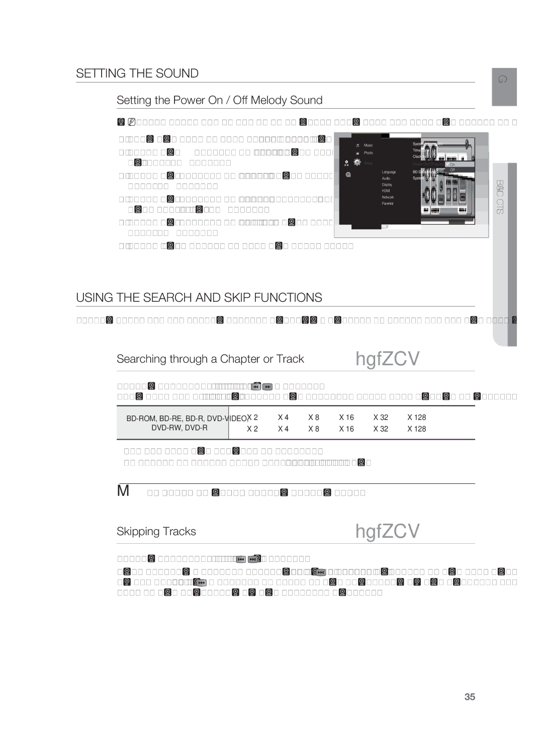 Samsung HT-BD1252 Setting the Sound, Using the Search and Skip Functions, Setting the Power On / Off Melody Sound 