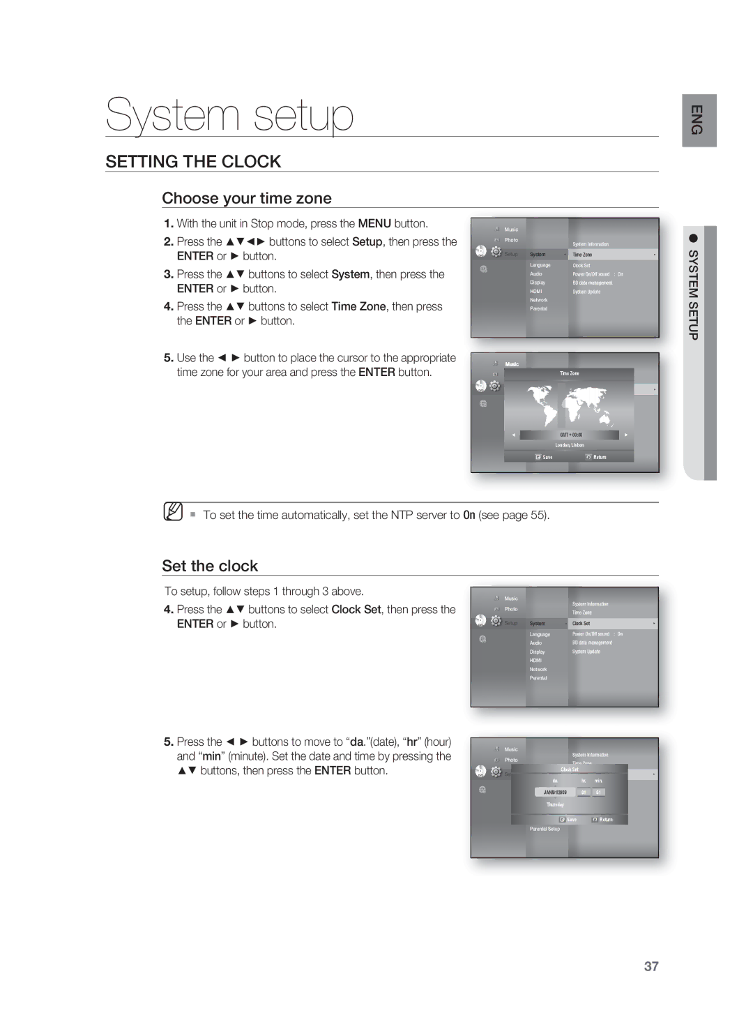 Samsung HT-BD1252, HT-BD1255 user manual System setup, Setting the Clock, Choose your time zone, Set the clock, System Setup 