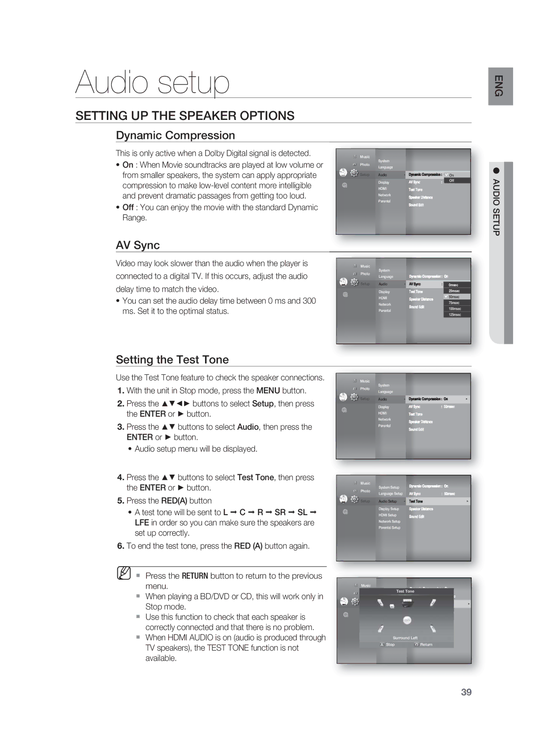 Samsung HT-BD1252 Audio setup, Setting UP the Speaker Options, Dynamic Compression, AV Sync, Setting the Test Tone 