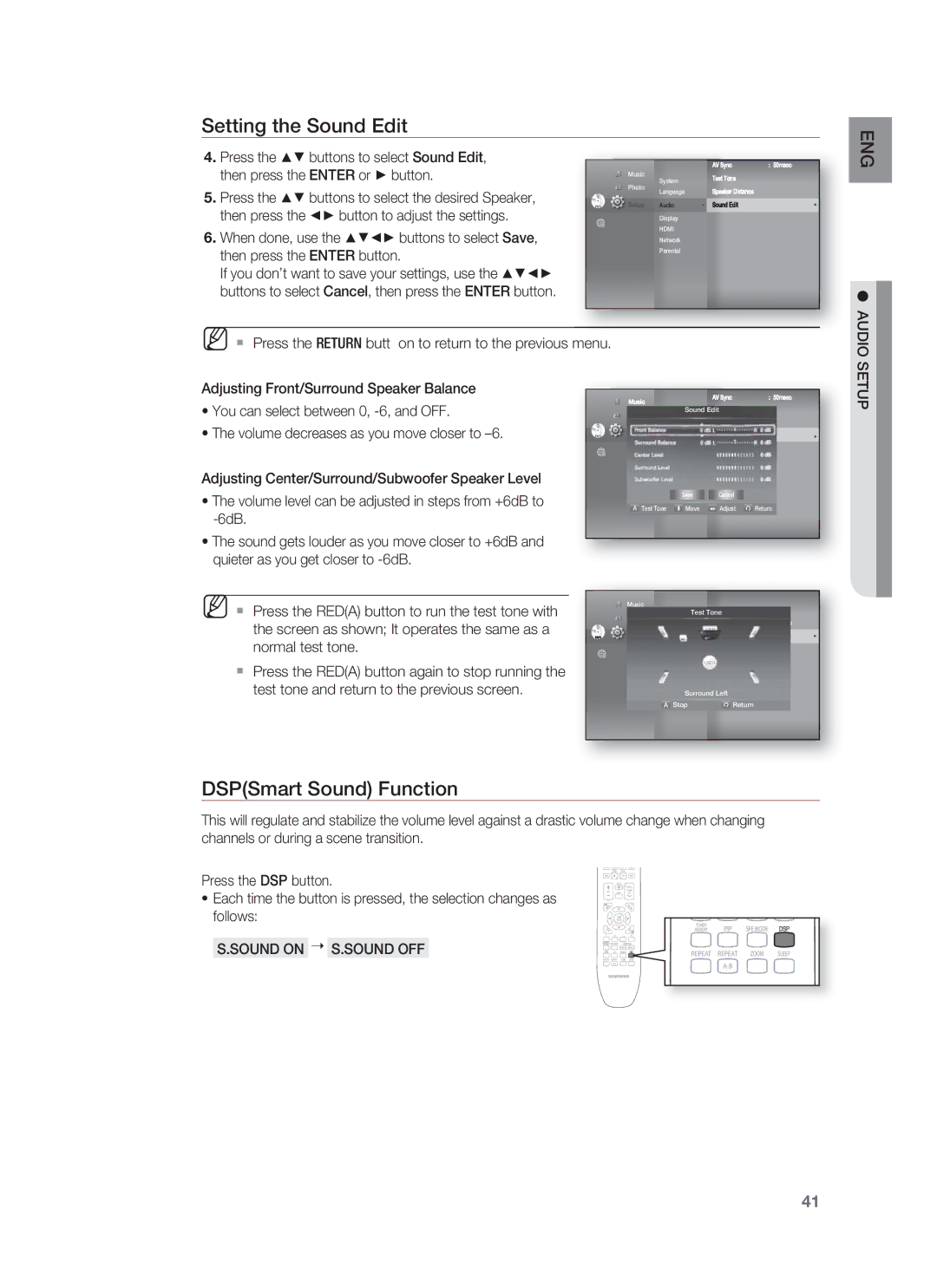 Samsung HT-BD1252, HT-BD1255 user manual DSPSmart Sound Function, Audio, Sound on S.SOUND OFF 