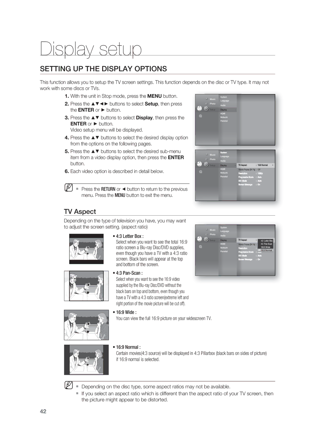 Samsung HT-BD1255, HT-BD1252 user manual Display setup, Setting UP the Display Options, TV Aspect 