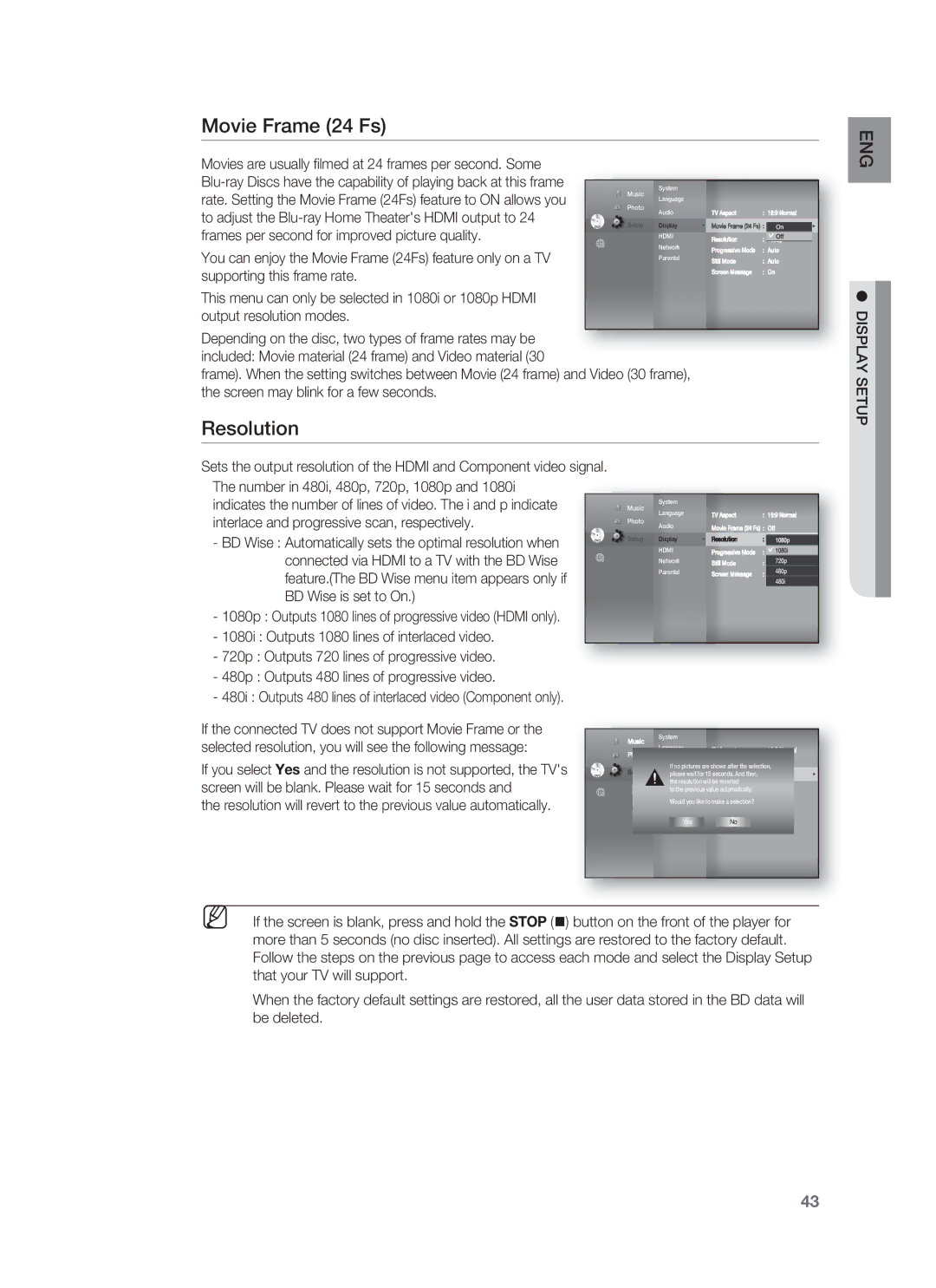 Samsung HT-BD1252, HT-BD1255 user manual Movie Frame 24 Fs, Resolution 