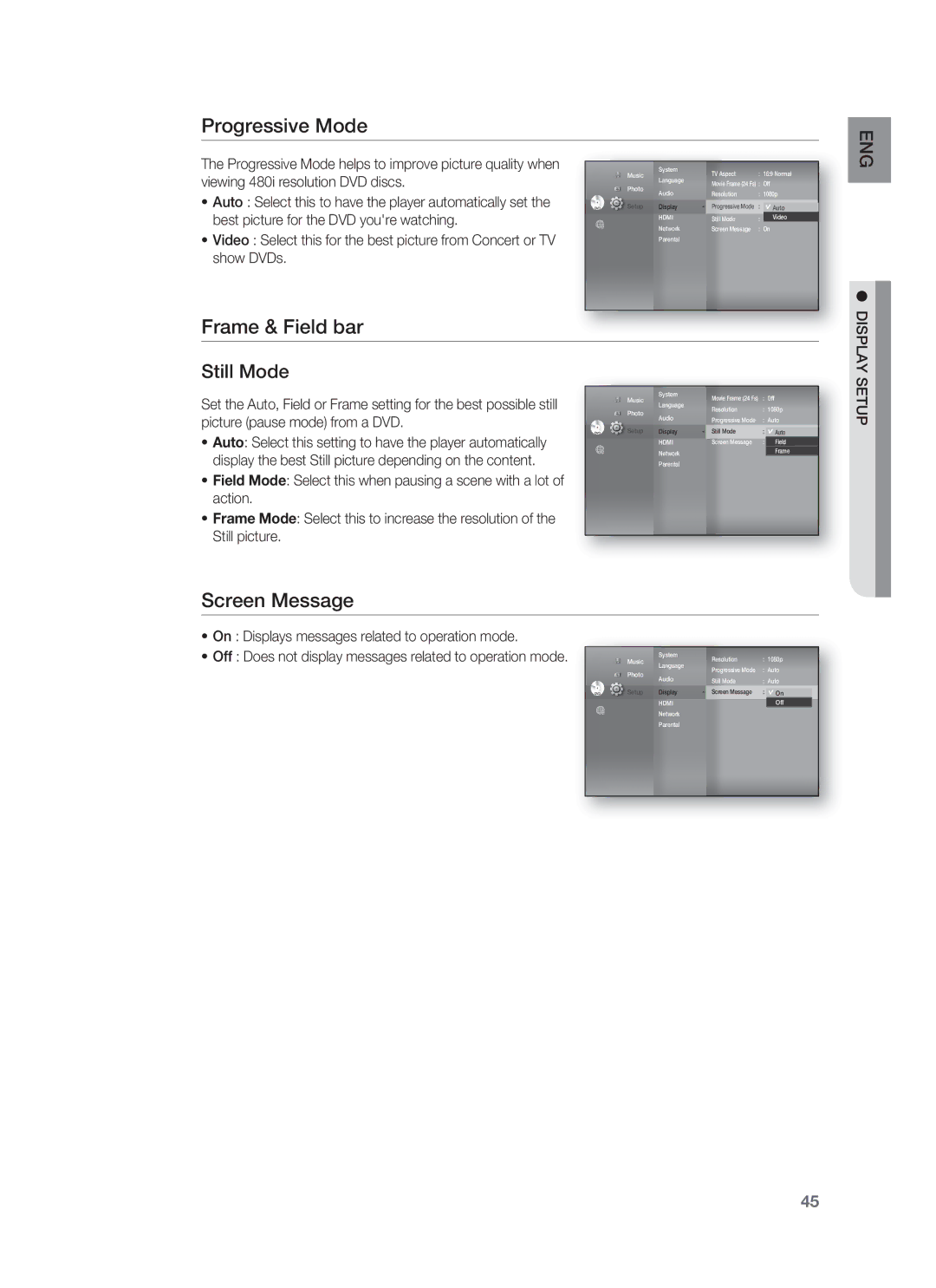 Samsung HT-BD1252, HT-BD1255 user manual Progressive Mode, Frame & Field bar, Screen Message, Display Setup 