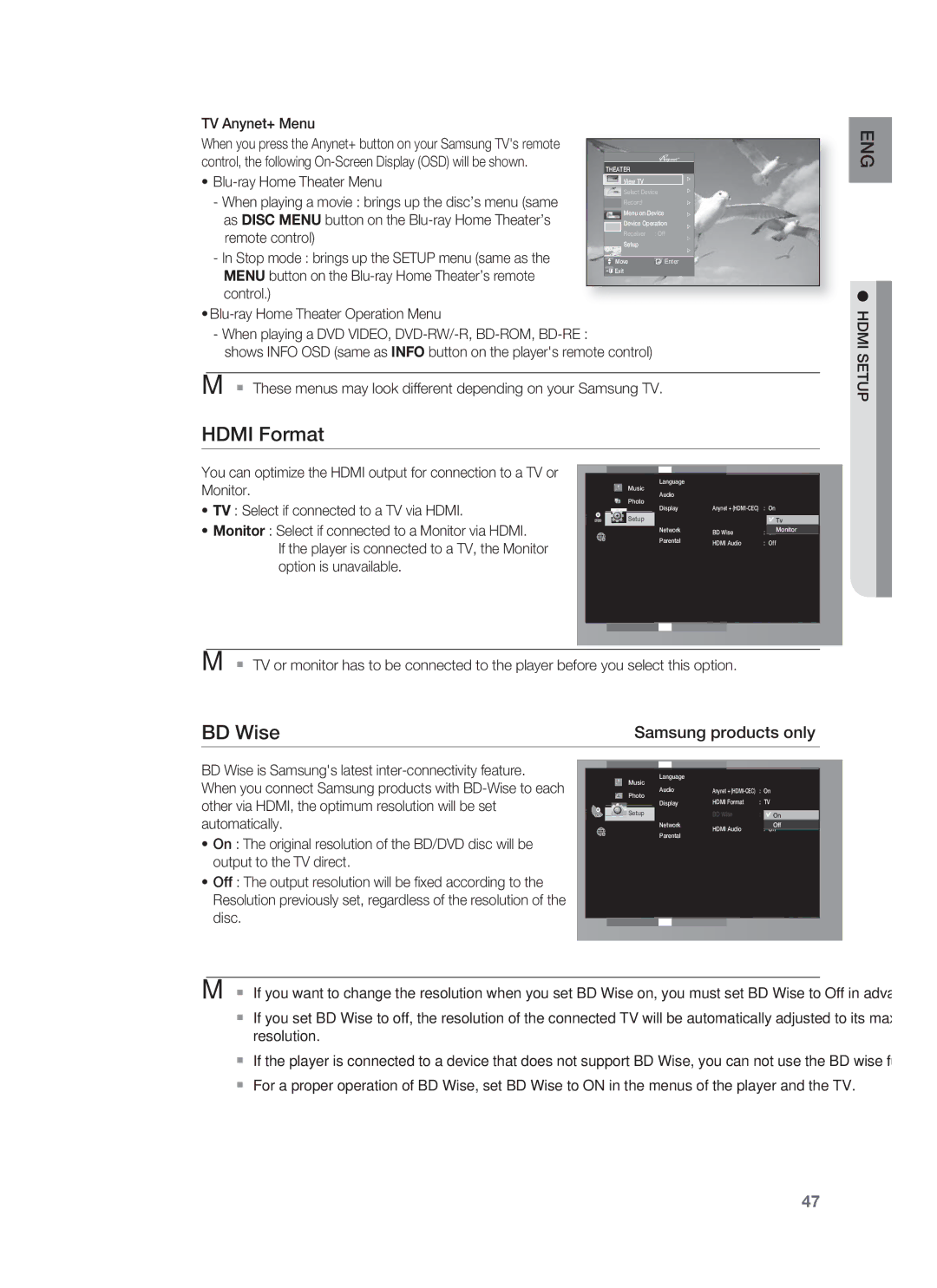 Samsung HT-BD1252, HT-BD1255 user manual Hdmi Format, BD Wise, Hdmi Setup 