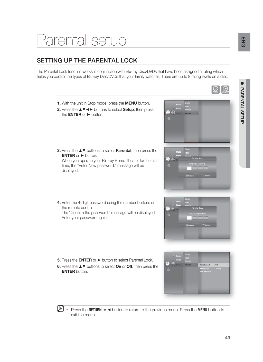 Samsung HT-BD1252, HT-BD1255 user manual Parental setup, Setting UP the Parental Lock, Parental Setup 