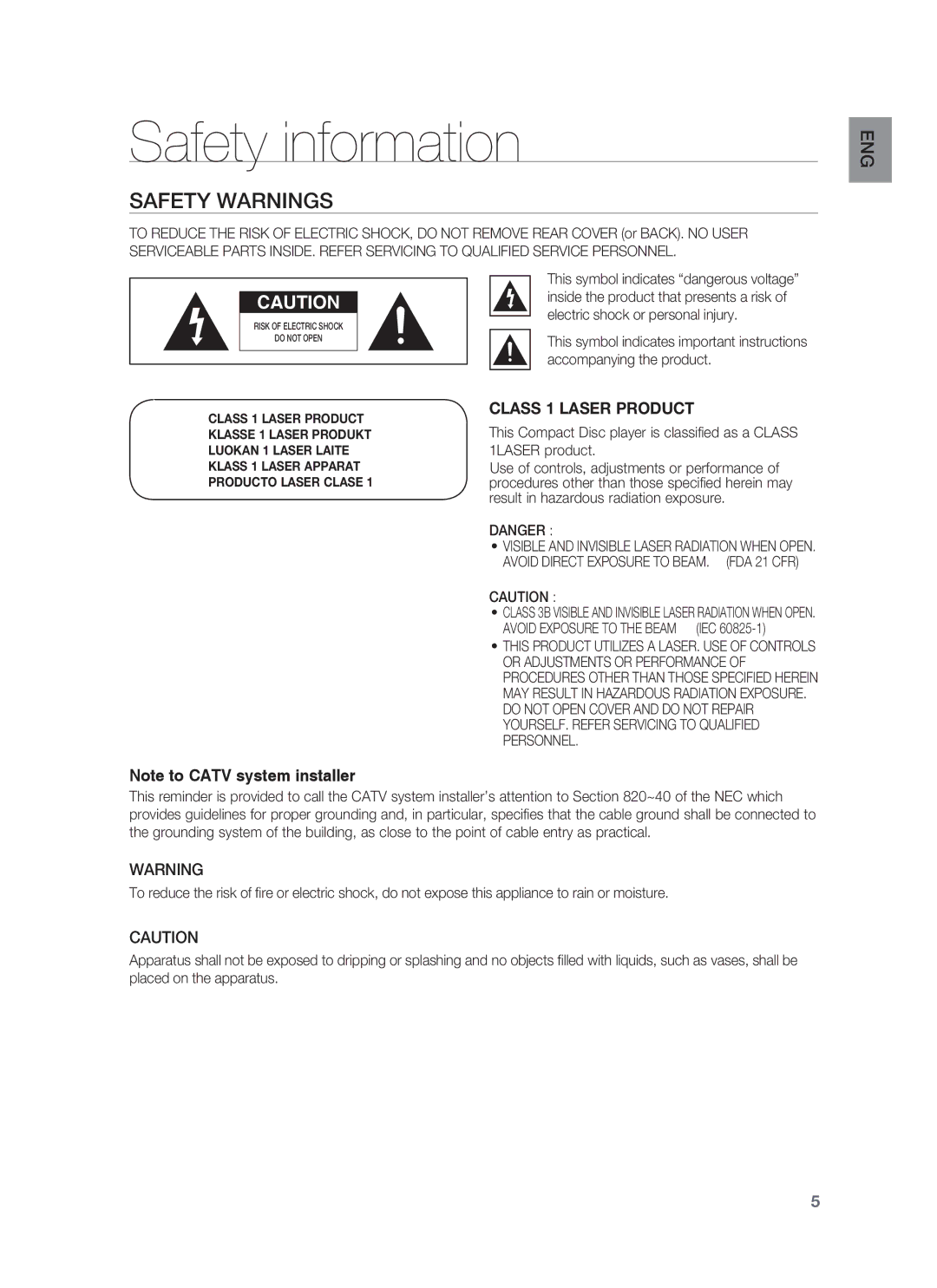 Samsung HT-BD1252, HT-BD1255 user manual Safety information, Safety Warnings, Avoid Exposure to the Beam IEC 