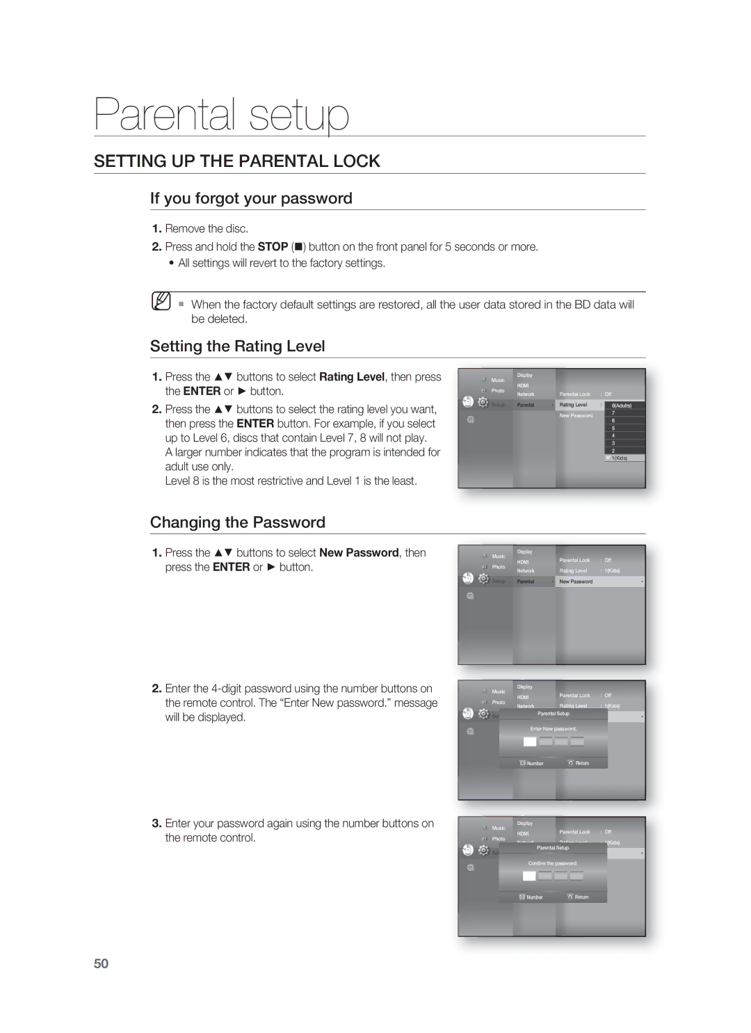 Samsung HT-BD1255, HT-BD1252 user manual If you forgot your password, Setting the Rating Level, Changing the Password 