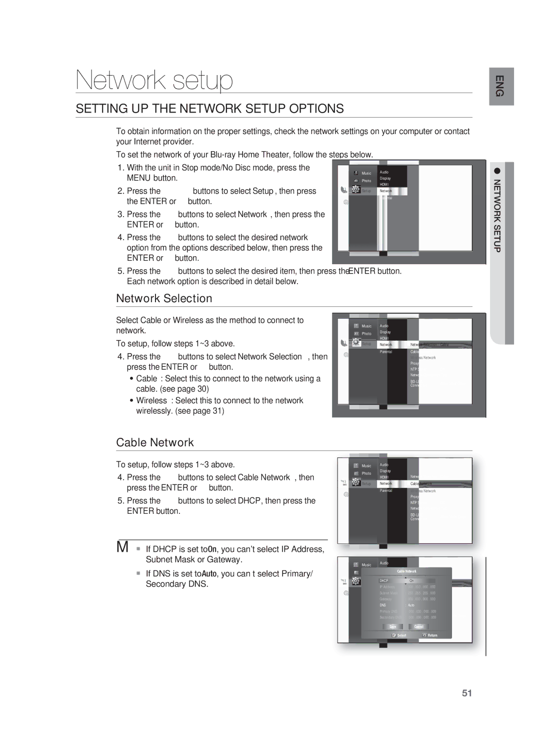 Samsung HT-BD1252, HT-BD1255 user manual Setting UP the Network Setup Options, Network Selection, Cable Network 