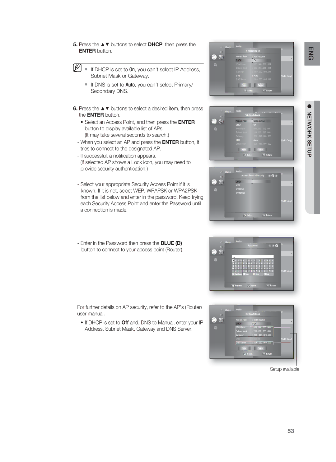 Samsung HT-BD1252, HT-BD1255 user manual Address, Subnet Mask, Gateway and DNS Server, Wireless Network 