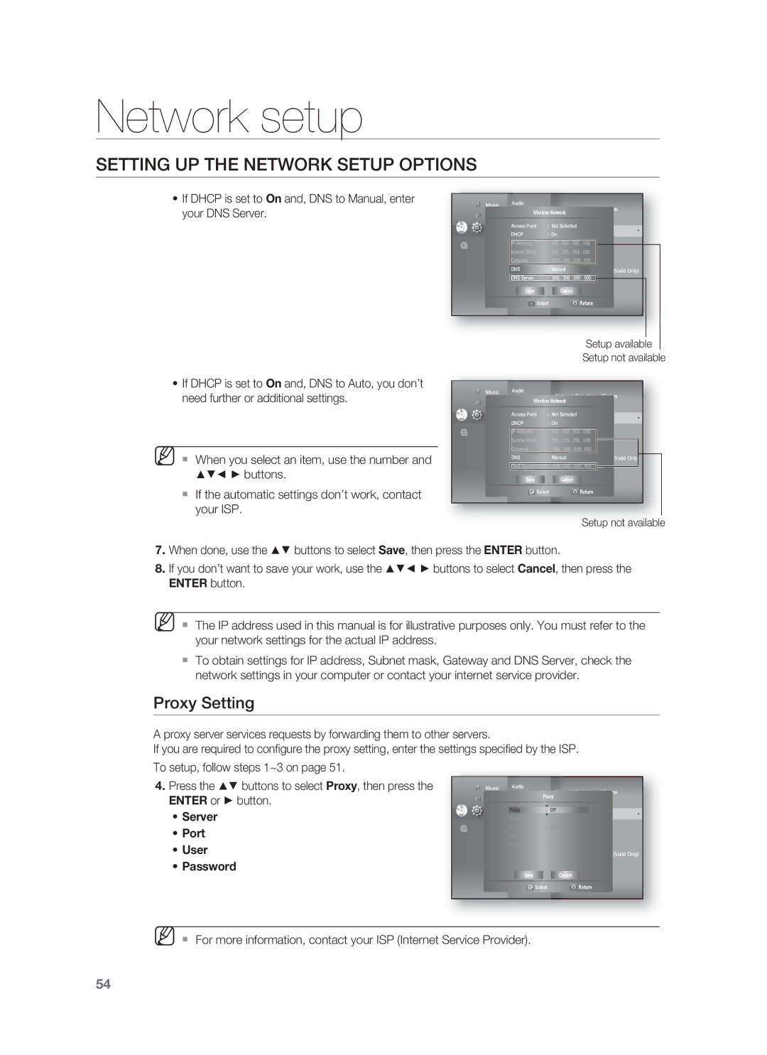 Samsung HT-BD1255, HT-BD1252 user manual Proxy Setting,  When you select an item, use the number, Buttons, Your ISP 