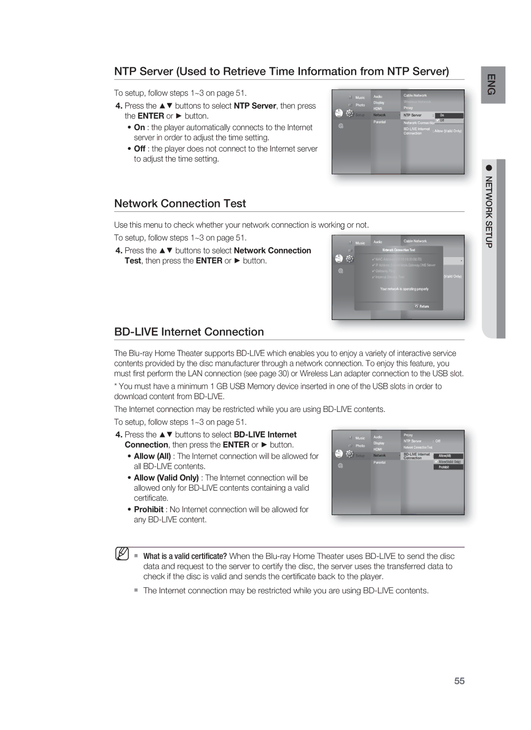 Samsung HT-BD1252, HT-BD1255 user manual Network Connection Test, BD-LIVE Internet Connection, Network Setup 