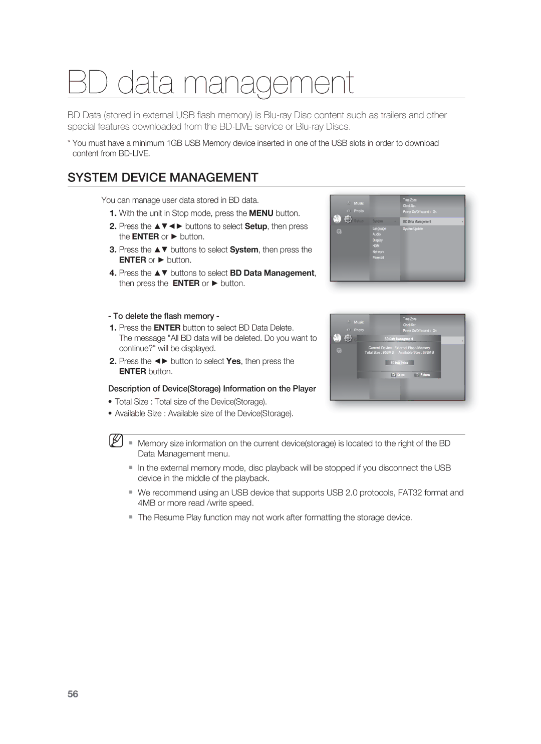 Samsung HT-BD1255 BD data management, System Device Management, Press the button to select Yes, then press, Enter button 