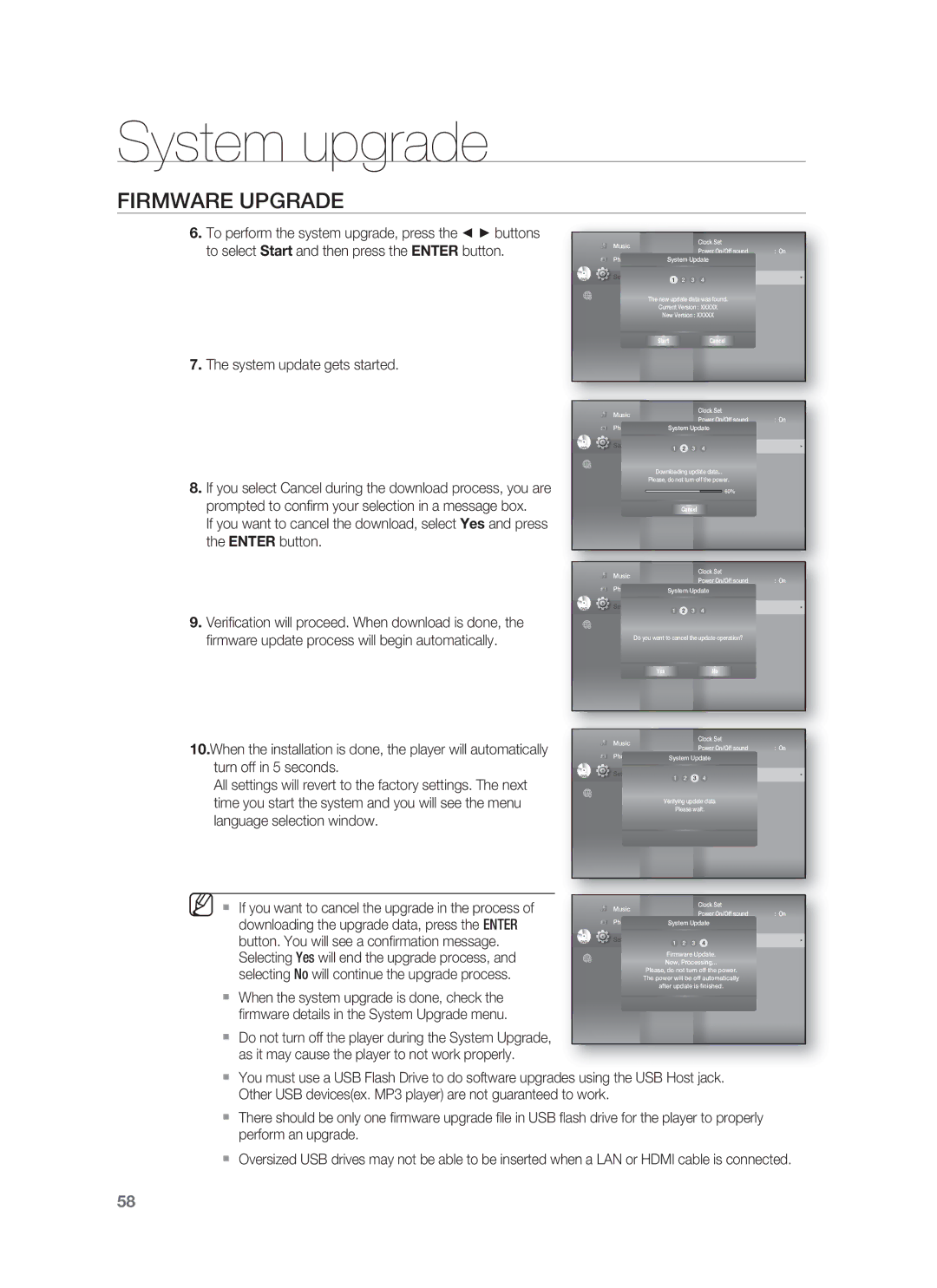 Samsung HT-BD1255, HT-BD1252 user manual System update gets started,  If you want to cancel the upgrade in the process 