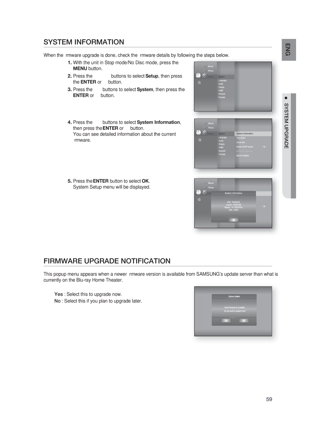 Samsung HT-BD1252, HT-BD1255 user manual System Information, Firmware Upgrade Notification, System Upgrade 