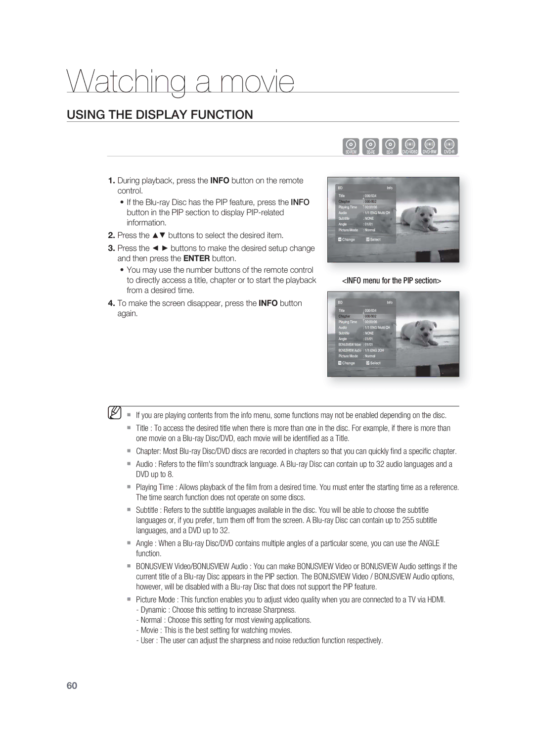 Samsung HT-BD1255, HT-BD1252 user manual Watching a movie, Using the Display Function, Info menu for the PIP section 