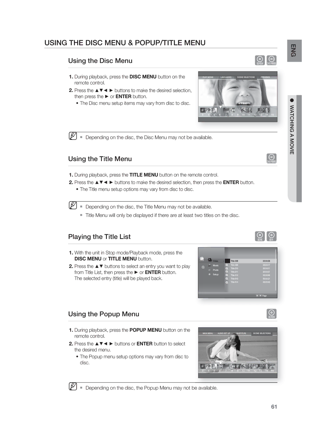 Samsung HT-BD1252, HT-BD1255 Using the Disc Menu & POPUP/TITLE Menu, Using the Title Menu, Playing the Title List 