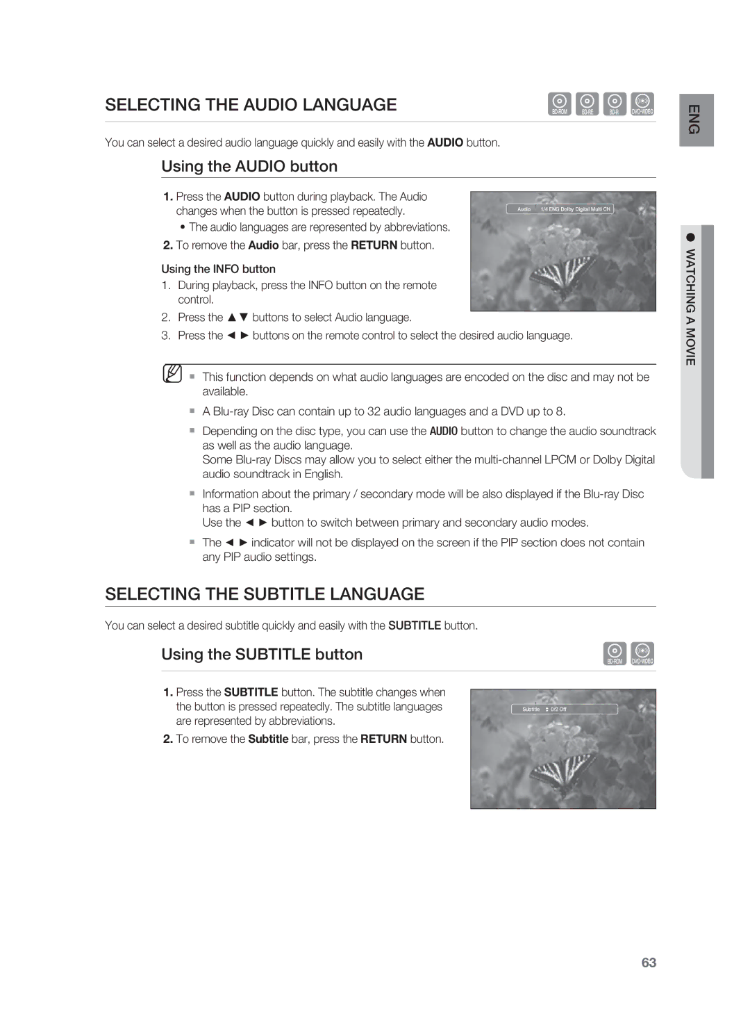 Samsung HT-BD1252 Selecting the Audio Language, Selecting the Subtitle Language, Using the Audio button, Watching a Movie 