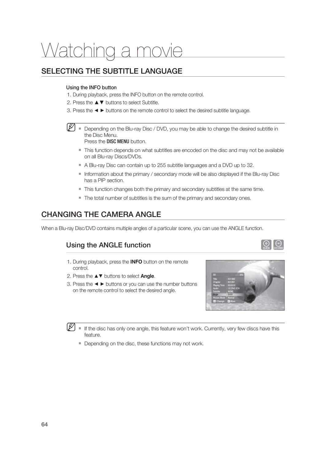 Samsung HT-BD1255, HT-BD1252 user manual Changing the Camera Angle, Using the Angle function 