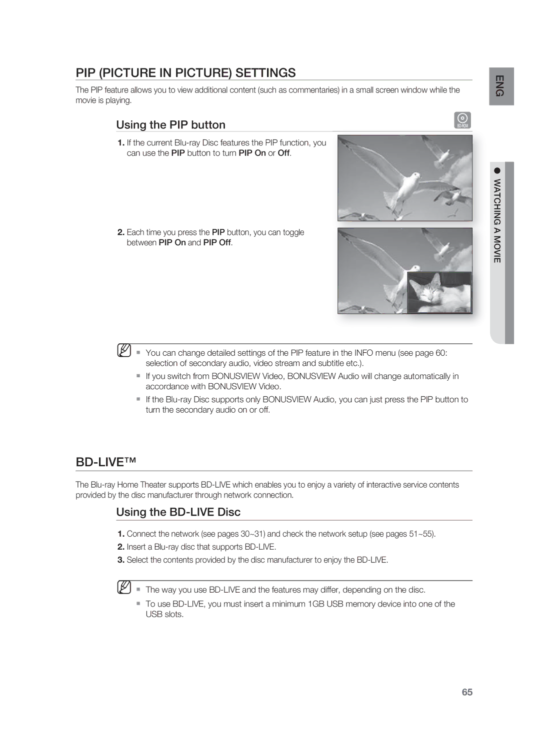 Samsung HT-BD1252, HT-BD1255 PIP Picture in Picture Settings, Bd-Live, Using the PIP button, Using the BD-LIVE Disc 