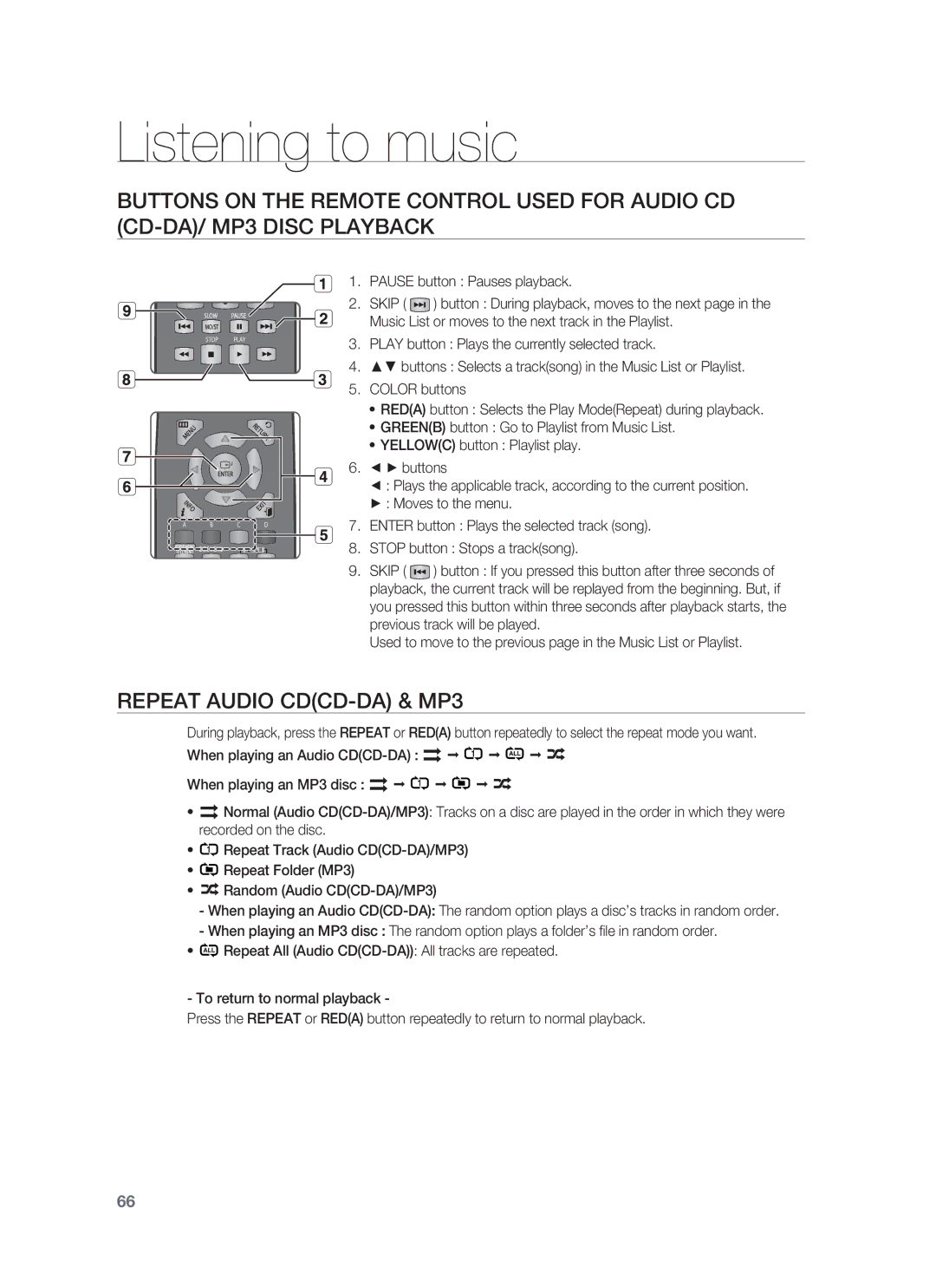 Samsung HT-BD1255, HT-BD1252 user manual Listening to music, Repeat Audio CDCD-DA & MP3 