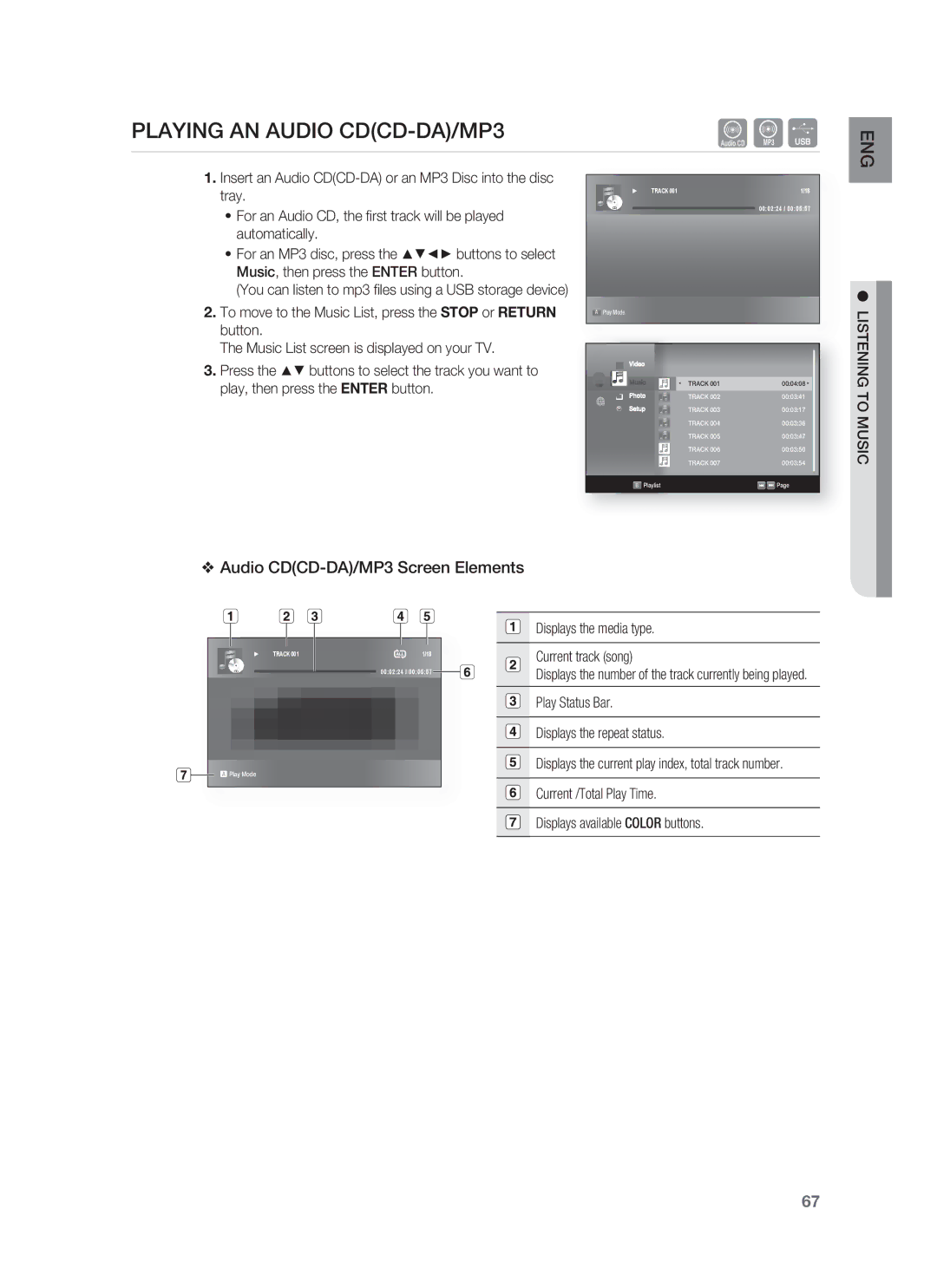 Samsung HT-BD1252, HT-BD1255 user manual Playing AN Audio CDCD-DA/MP3, Audio CDCD-DA/MP3 Screen Elements, Listening to Music 