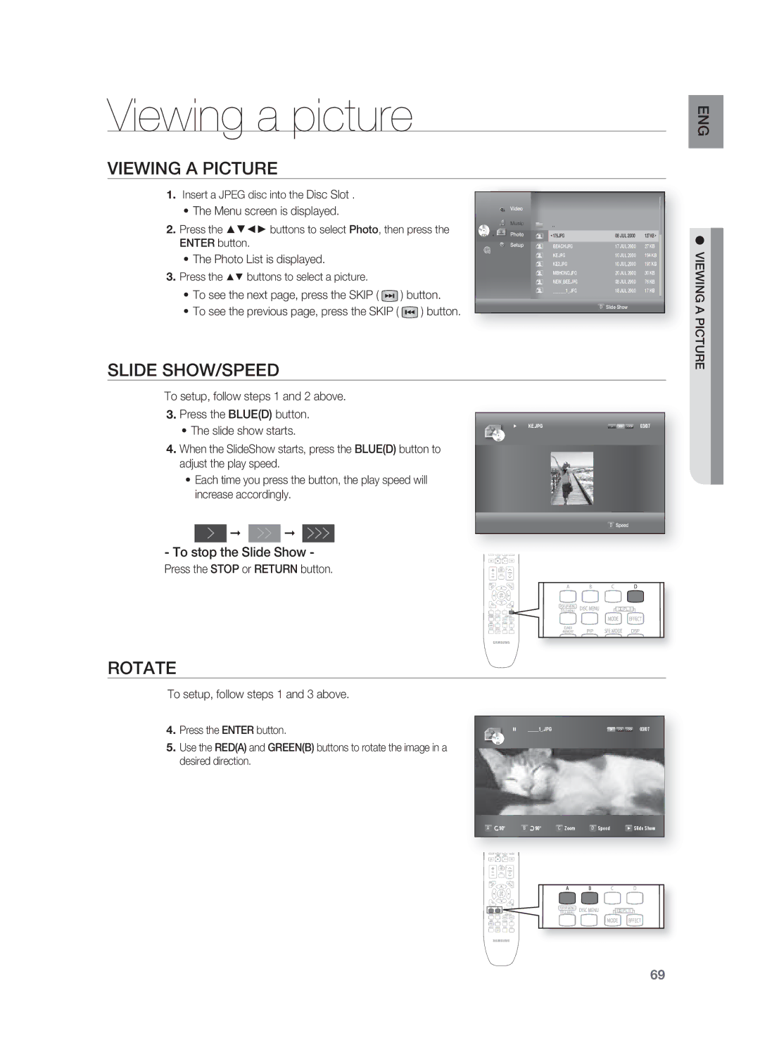 Samsung HT-BD1252, HT-BD1255 Viewing a picture, Viewing a Picture, Slide SHOW/SPEED, Rotate, To stop the Slide Show 